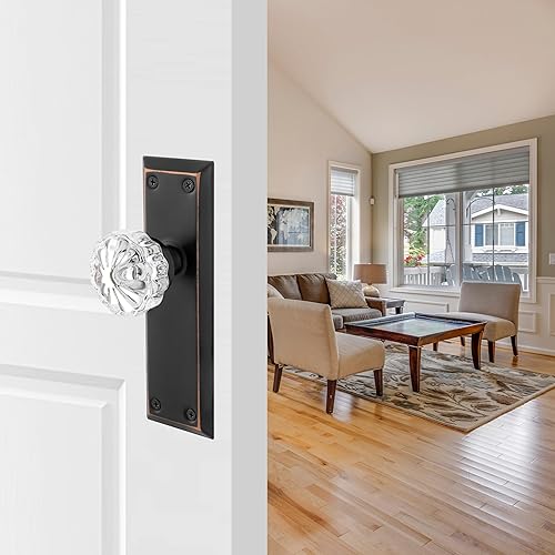 Miniatura 10 de Juego de 3 cerraduras de embutir para puerta interior, pomos de puerta de cristal antiguo con cerradura y llave, acabado de níquel cepillado