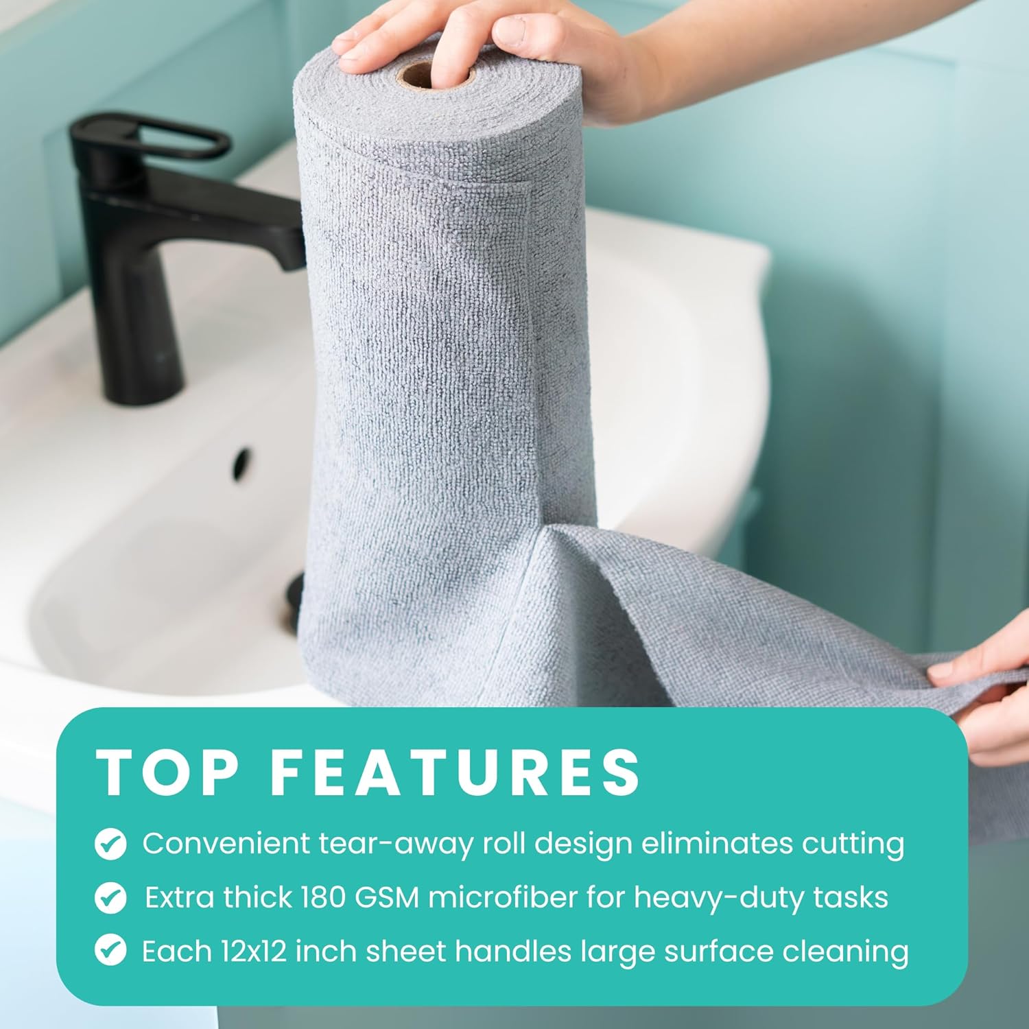 Microfiber Cleaning Cloth Roll Tearaway, 50 PCS Tear Away Towels, Reusable & Washable, Ultra Absorbent 12" x 5.5" Dish Rags for Car, Home, Kitchen, , 200 GSM Thickness, Paper Towel Alternative
