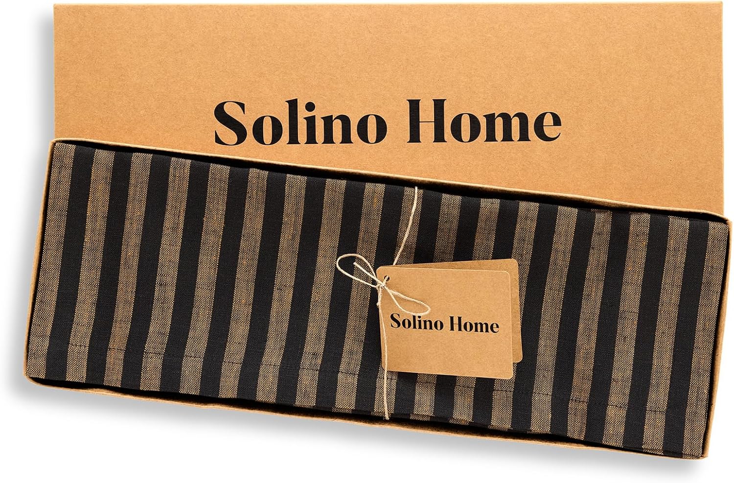 Solino Home Linen Placemats Set of 4 - Amalfi Stripe Brown Sugar and Black Placemats 14 x 19 Inch - 100% Pure Linen Place Mats