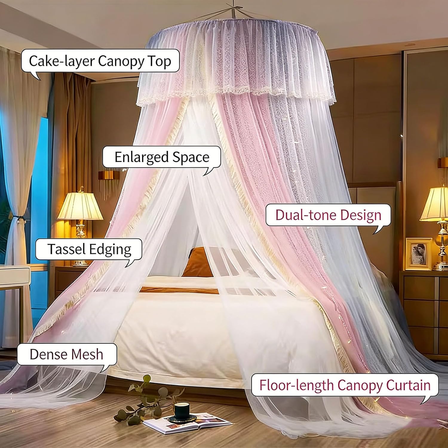 BK&MF Round Dome Mosquito Net for Bed, Double Layer Dreamy Drape Netting Bed Canopy with Star Lights, Easy Installation Bed Curtain for Girls Room Decor,Blue,150cm(60") Queen