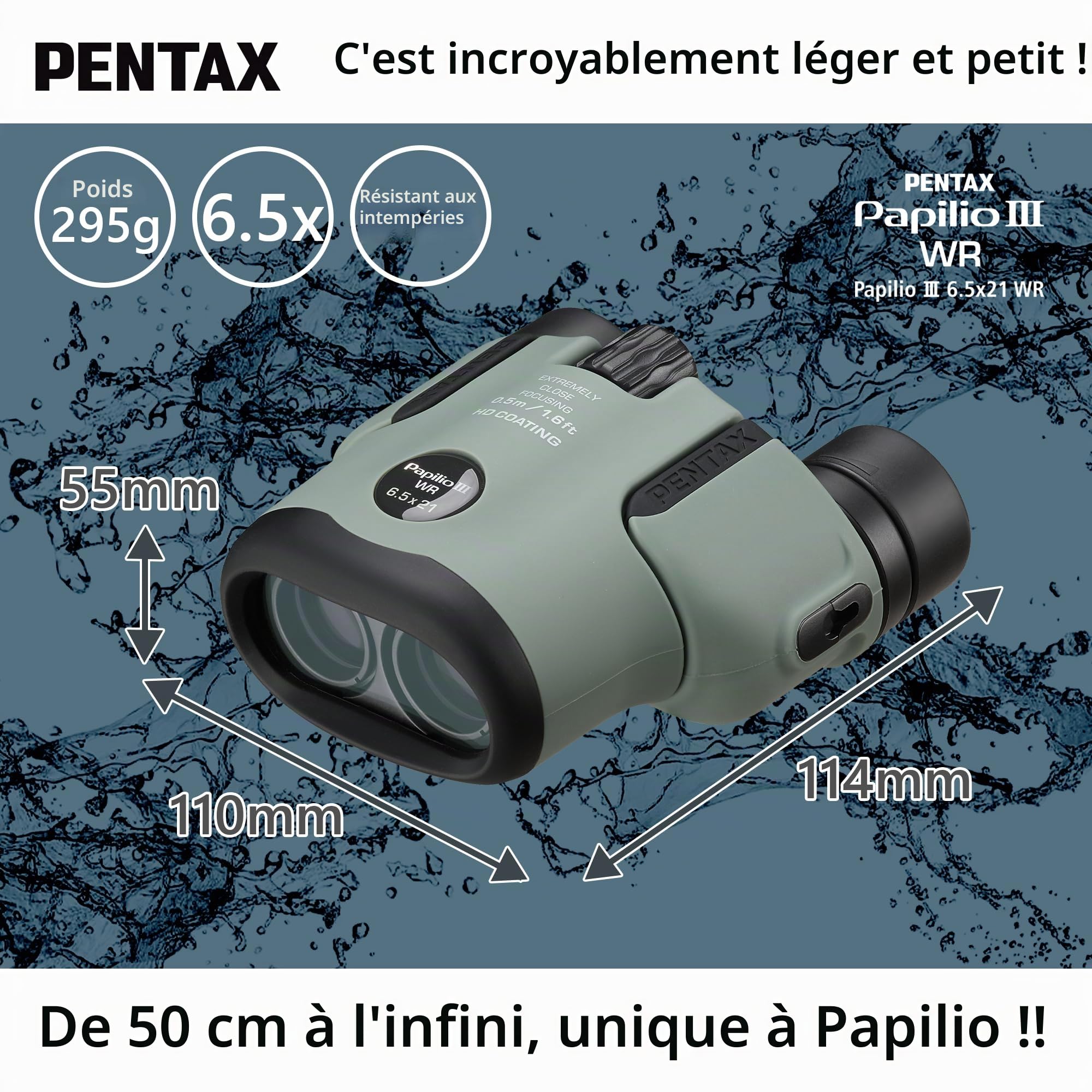 Jumelles Pentax Papilio III, 6.5 x 21 résistantes aux intempéries, Olive, Mise au Point 50 cm, Résistantes aux éclaboussures, Musée, Plein air, Nature, Sports en Direct, Traitement HD
