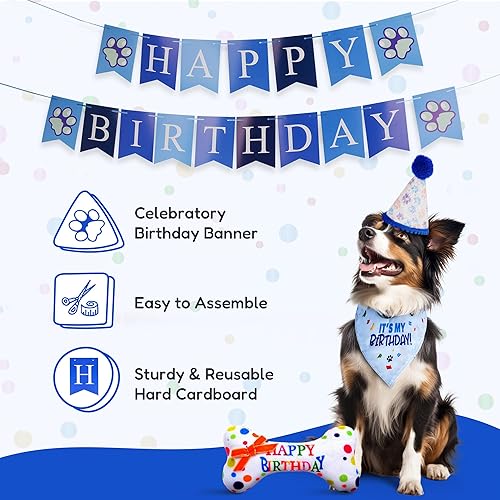 Miniatura 6 de Pacific Pups - Juego de decoraciones de cumpleaños para perro, sombrero de cumpleaños para perro, bandana de cumpleaños para perro, juguete