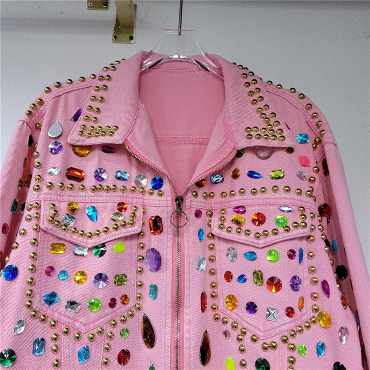 Womens Trendy Denim Jacket Color Rhinestones Rivet Long Sleeve Zip Up Spring Fall Jean Jackets