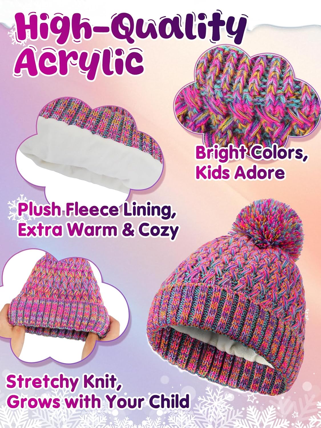 Hat and Gloves for Girls - Kids Winter Warm Soft Beanie Scarf Gloves Set with Pompom, Girls Gifts, Purple Red Mix - Image 3