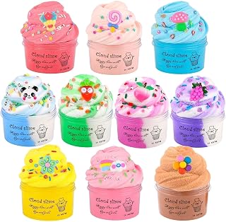 10 Pack Christmas Cloud Slime Kit with Blue Cake Fruits Animals, and Pink Games Charms, Scented DIY Butter Slime Supplies for Girls and Boys, Stress Relief Toy for Kids, Education Birthday Party Favor