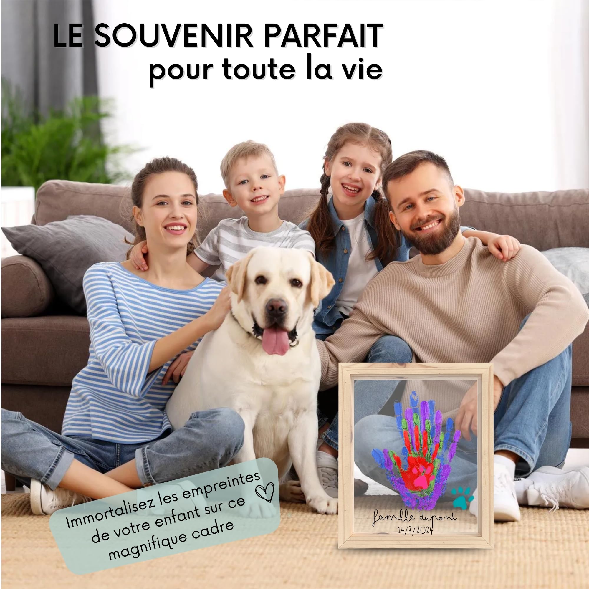 HuBorns - Cadre Empreinte Main Famille et Empreinte Main Pied Bebe avec Espace pour 4 Empreintes, Kit Empreinte Bebe pour Peindre les Mains de Toute la Famille, Cadeau Bebe Naissance