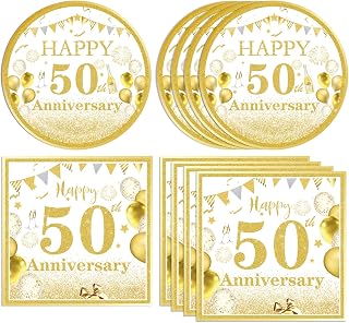 40 PCS Golden Birthday Party Decorations 50th Theme Birthday Party Decorations Tableware set Include Paper Plates Napkins for Cheers to 50 Years Wedding Party Supplies
