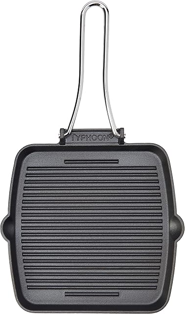 Typhoon World Foods Square Durable Cast Iron, Pre-Seasoned Chargriller with a Folding Handle | Suitable for Gas, Ceramic and Induction Hobs | 26.5cm, Black, 1400.320