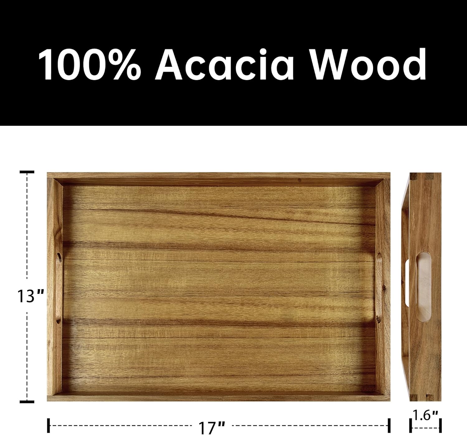 Acacia Wood Serving Tray with Handles - 17-Inch Decorative Wooden Tray - Perfect for Breakfast, Lunch, Dinner, Appetizers, Patio, Ottoman, Coffee Table - Durable Living Room and Couch Tray - Image 2