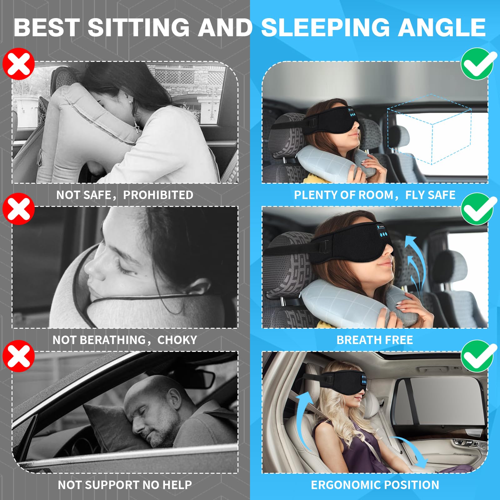 Joythink Auriculares para dormir, máscara de dormir Bluetooth con altavoz, máscara para dormir en coche, auriculares inalámbricos, accesorios de viaje para vuelos largos