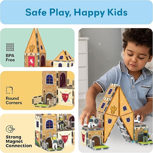 Miniatura 6 de PicassoTiles 70 piezas de azulejos temáticos medievales y castillos 2 en 1 8 personajes figuras de acción de personajes azulejos magnéticos bloque