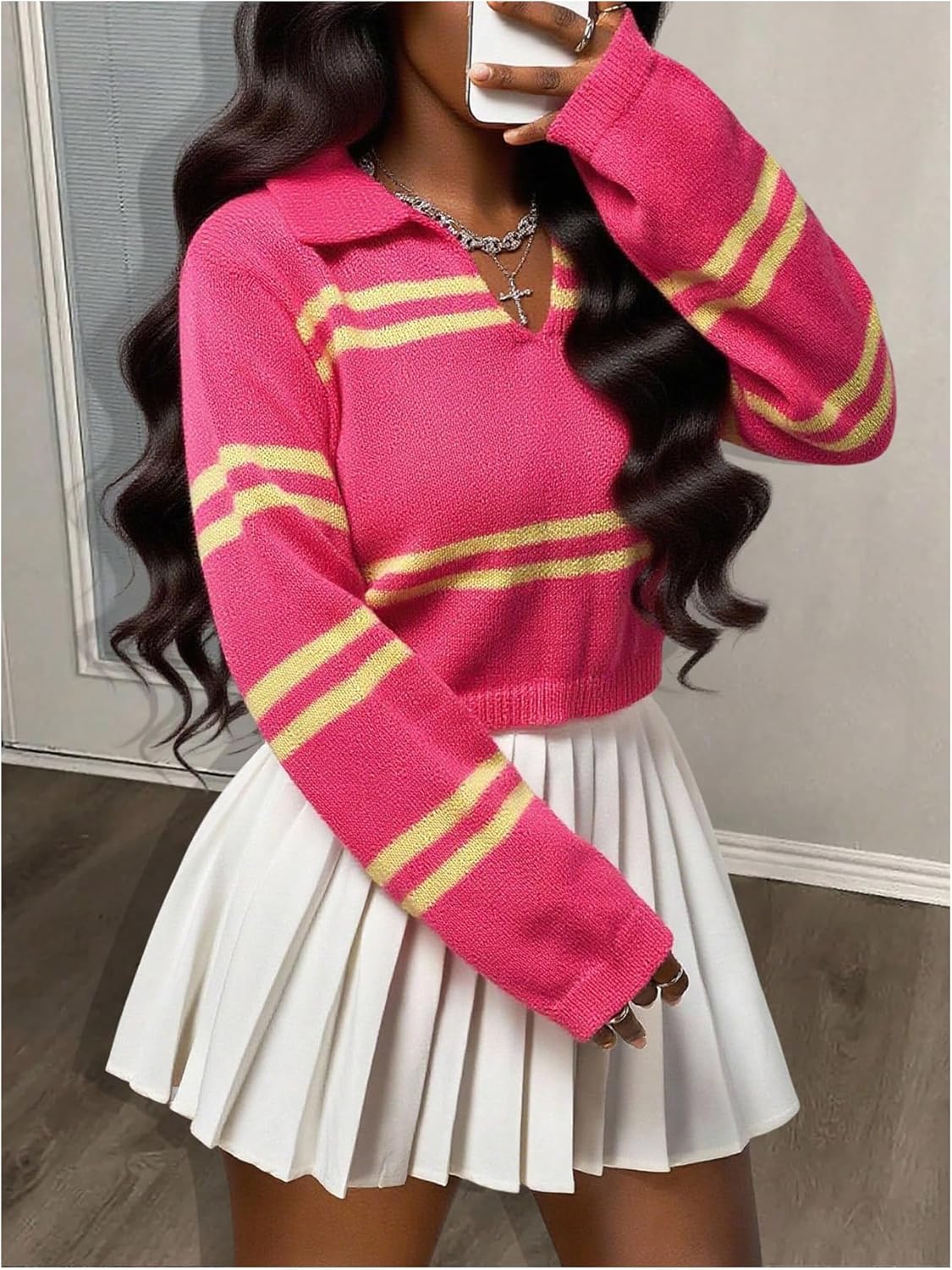 Women's Collared Striped Cropped Sweaters Long Sleeve Pullover Sweaters Fall Jumper - Image 3