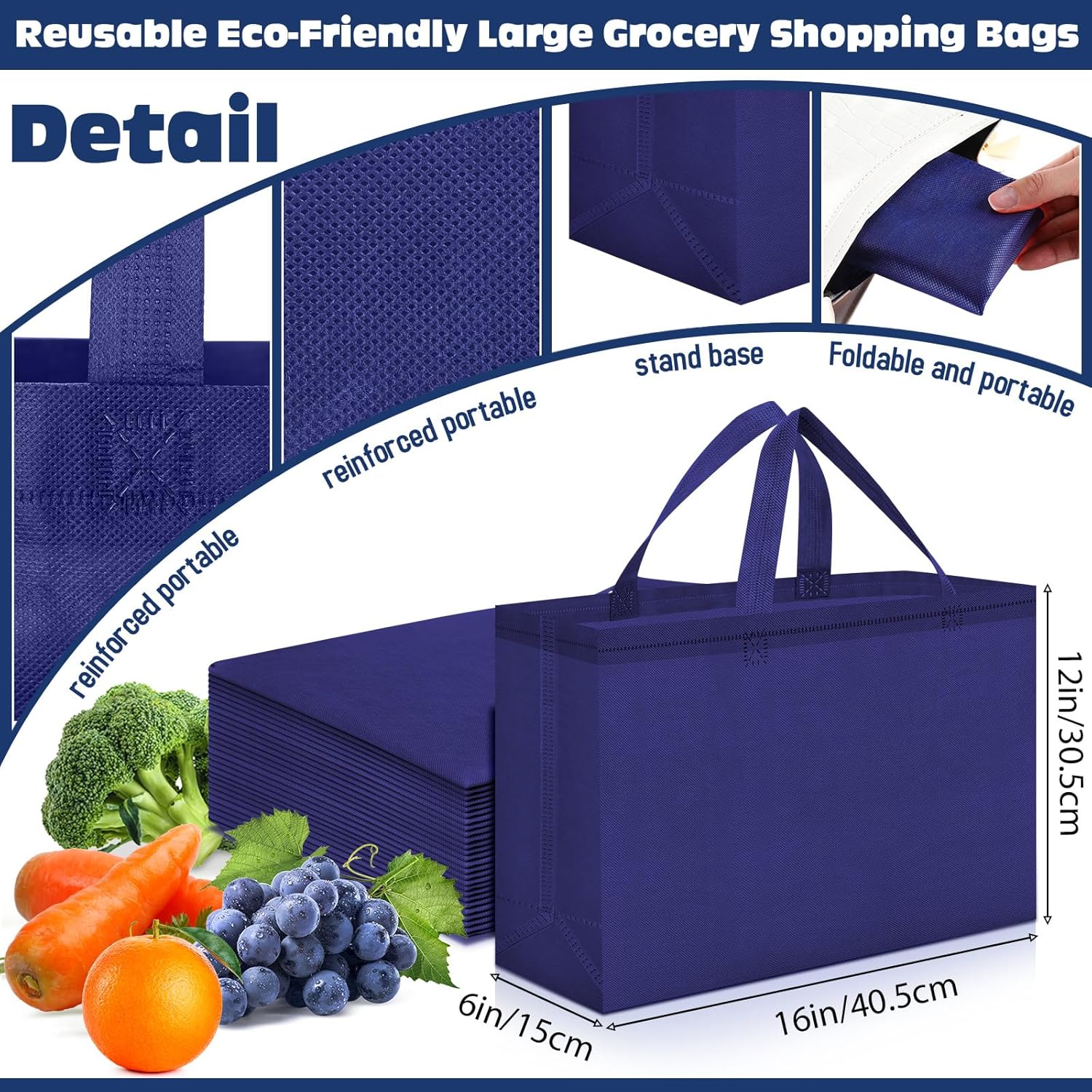 Windyun Reusable Grocery Bags Large Non Woven Shopping Bags with Handles Foldable Portable Tote, 16x6x12 Inch