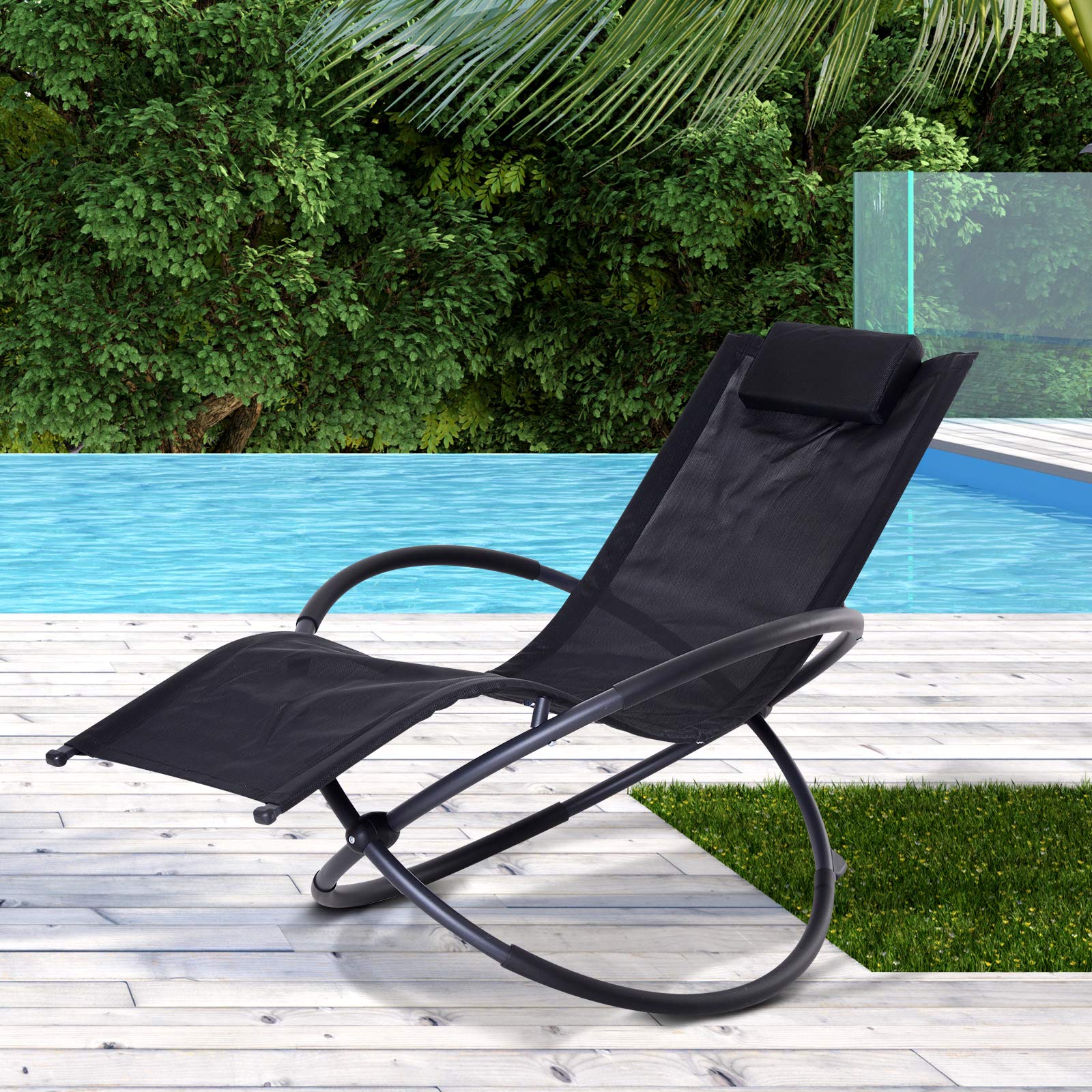 Outsunny Tumbona Mecedora de Jardín Plegable con Reposacabezas Extraíble Sillón Tumbona Ergonómica de Exterior Tela de Texteline para Patios Piscina al Aire Libre 154x80x84 cm Negro