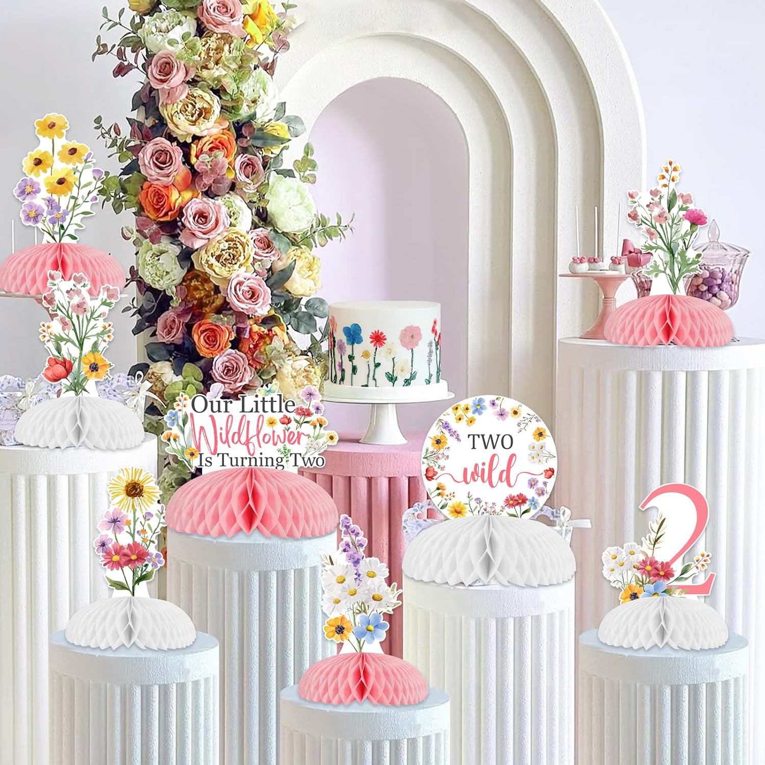 JOYMEMO 8 Pieces Wildflower 2nd Birthday Honeycomb Centerpieces Girl - Flowers Two Wild Second Birthday Table Decorations, Our Little Wildflower Is Turning Two Table Toppers Garden Birthday Party