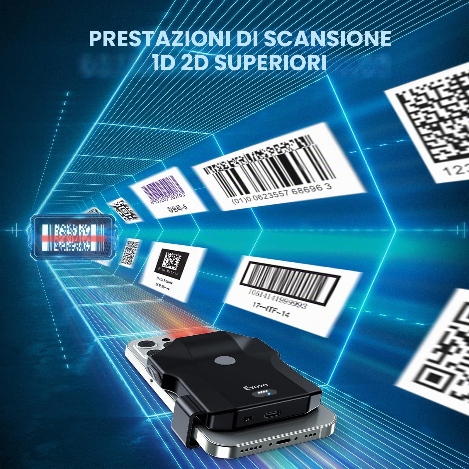 Eyoyo Bluetooth QR Code Scanner di codici a barre, 2D Wireless Back Clip Phone UPC USB Barcode Scanner Reader con indicatore di livello della batteria compatibile con 4.7"-7.2" Android Phone, iPhone