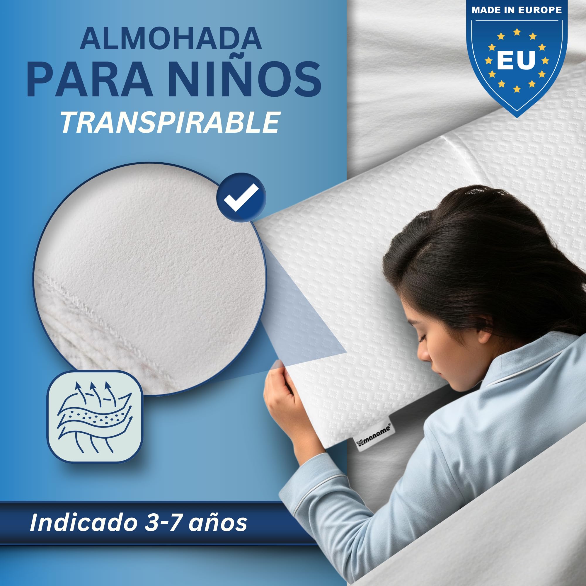 maname Almohada Infantil. 90x35x7cm Viscoelastica Ergonómica Hipoalergénica – Almohada Niños 3 Años Plana Hecha en España – Almohada de 90 para Niños con Doble Funda Algodon Memory Foam Kids Pillow