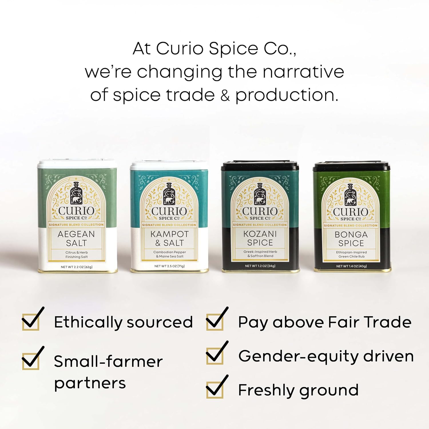 Curio Spice Co - 8-Tin Signature Blend Chef Set - Curio's Signature Blends - Aegean Salt, Kampot & Salt - Bonga, Da Lat, Edo, Kandy, Kozani, & Zenu Spices – Great Gift for Mother’s Day