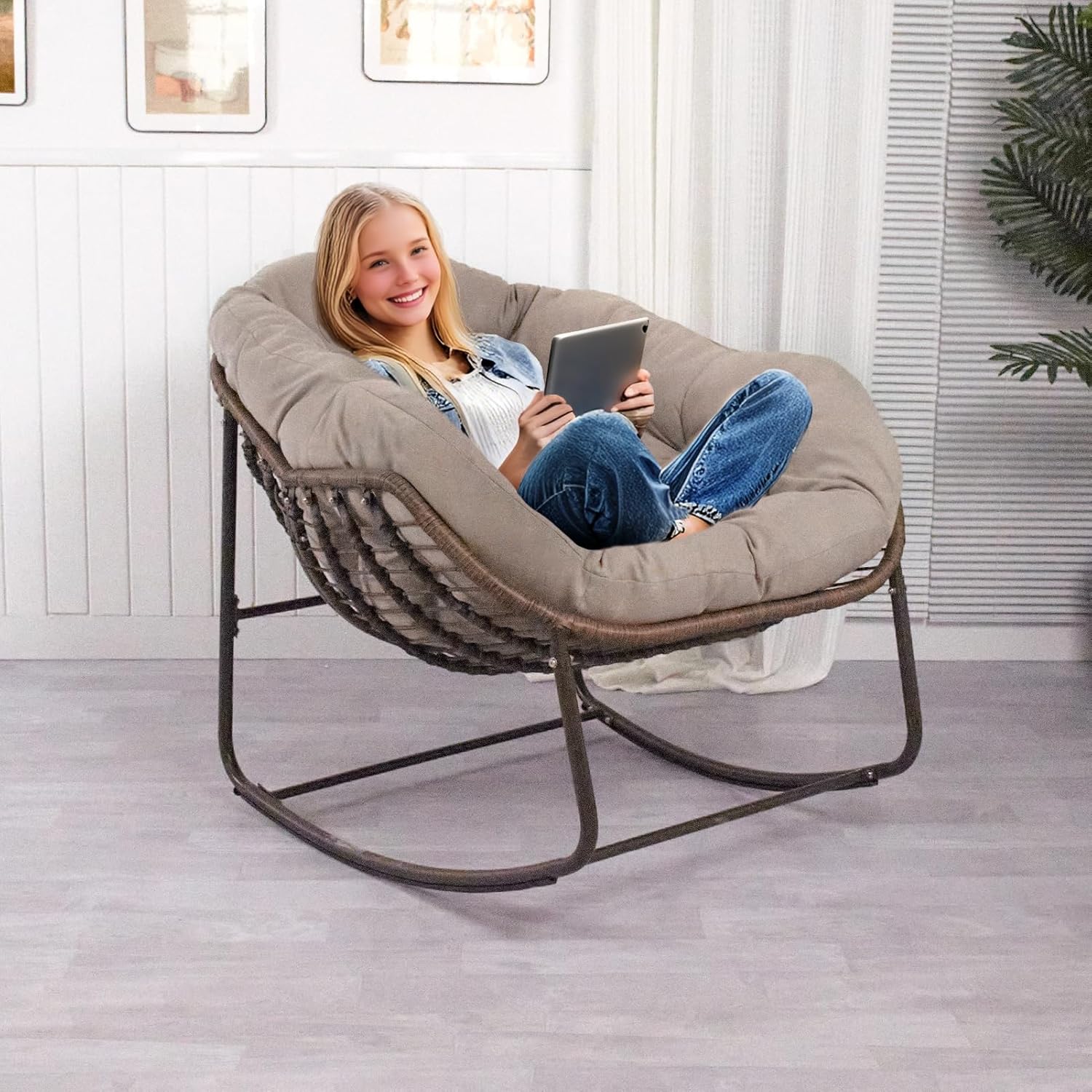 Outdoor Patio Papasan Rocking Chair, Oversized Rocking Chair with Cushion, Rattan Wicker Egg Chairs Indoor & Outdoor Ergonomic High Back Design for Garden, Porch, Patio