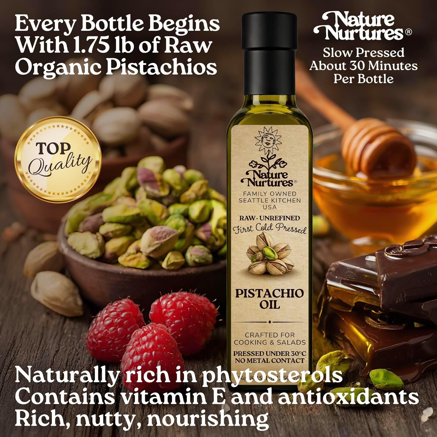 Pistachio Oil for Cooking, Salads, Pasta and Roasted Vegetables · Raw · Unrefined · First Cold-Pressed Below 30°C · Pressed Only Once · Without Metal or Wood Contact · Small Batch · Handcrafted in Seattle USA · For Home Cooks and Everyday Meals · Kitchen Gift · 100% Pure & Natural · Also Loved for Skin and Hair · 8.45 fl oz (250 ml)