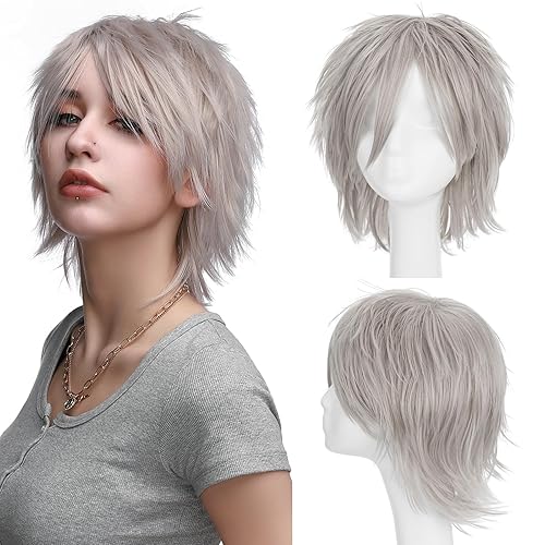 Pelucas de pelo sintético lacio, corto y esponjoso. Para fiestas de cosplay, anime peluca con pelo despeinado y puntiagudo, para hombre y mujer