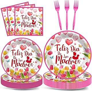 96Pcs Feliz Dia De Las Madres Party Supplies Happy Mother's Day Paper Plates and Napkins Pink Flower Tableware Disposable Dessert Dinnerware for Tulip Mothers Day Party for 24 Guests