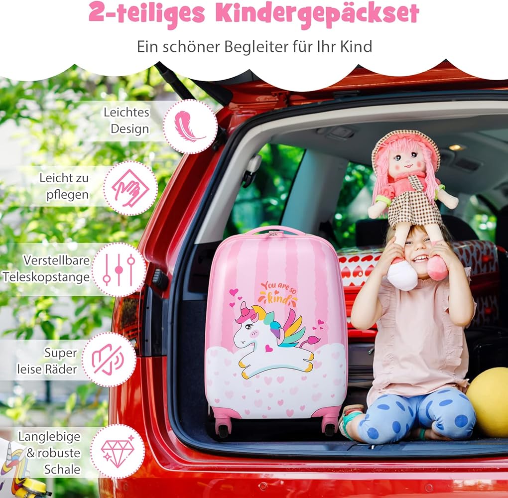 GOPLUS 5-delige kinderkofferset met rugzak, nekkussen, lunchbox en bagagelabel, kinderbagage met wielen en telescoopgreep, voor kinderen vanaf 3 jaar, dinosaurier, 38 x 30 GOPLUS 5-delige kinderkofferset met rugzak, nekkussen, lunchbox en bagagelabel, kinderbagage met wielen en telescoopgreep, voor kinderen vanaf 3 jaar, dinosaurier, 38 x 30