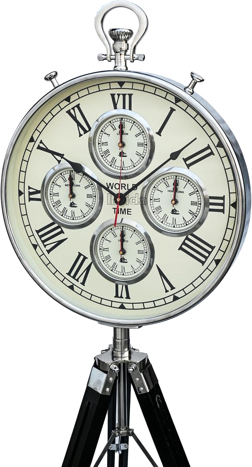 Vintage Tripod Floor Standing World Time Clock – Roman Numerals | Classic Metal Design | Home & Office Decor