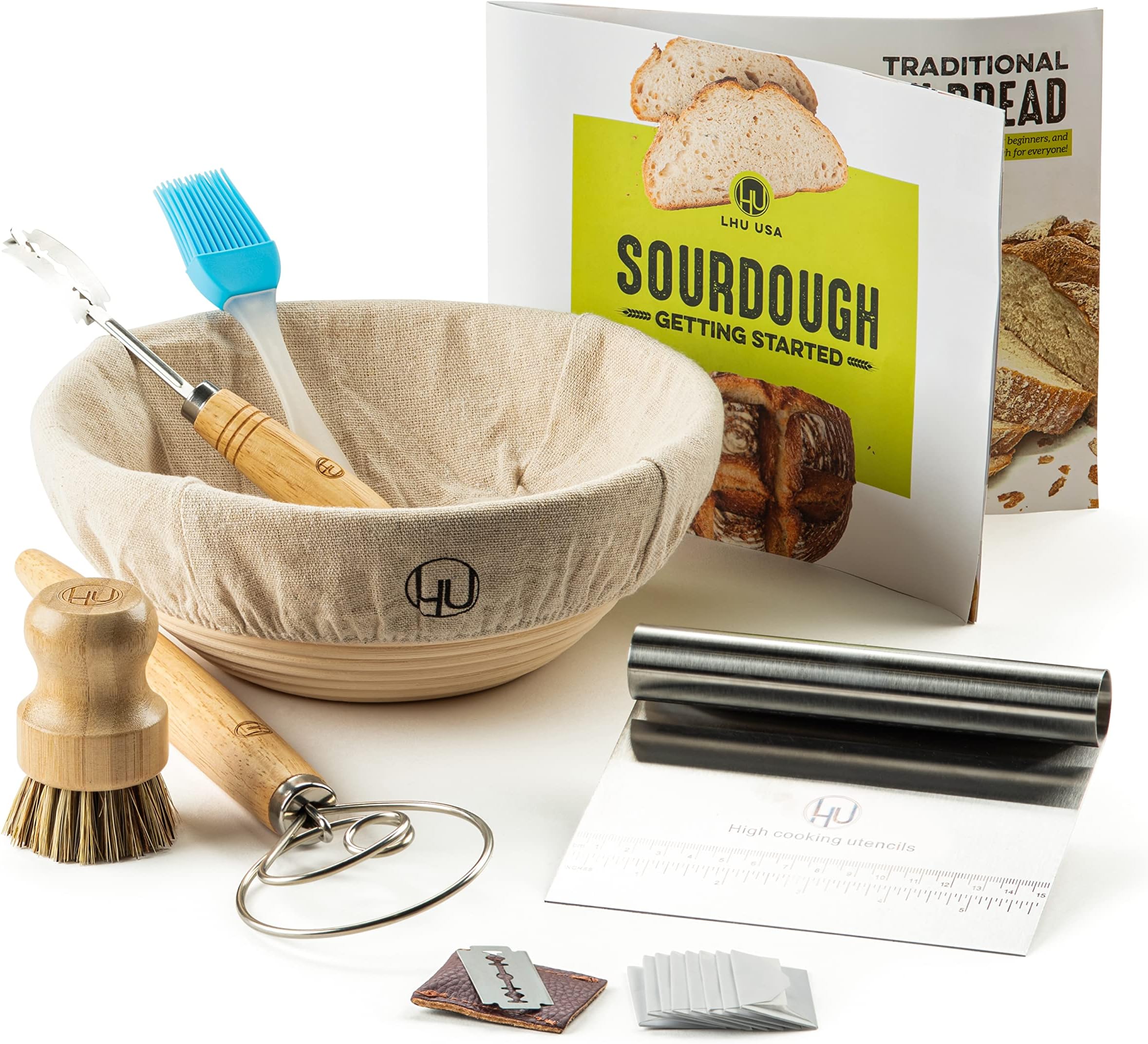 Sourdough Starter Kit - Bread Baking Supplies With Banneton Proofing Basket Bowl, Cloth, Whisk, Lame, Dough Scraper, 2 Brushes - Making & Baking Tools