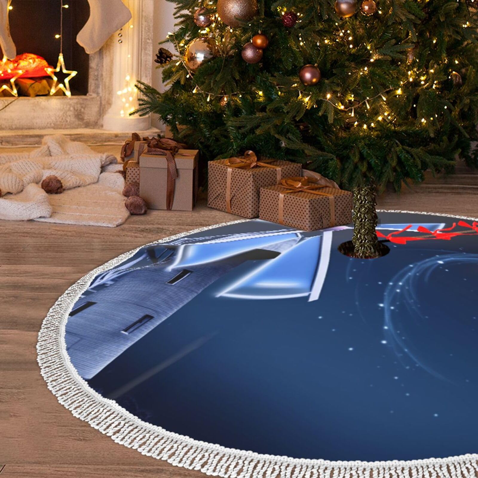 Jupe de sapin de Noël bleu 122 cm avec pompons et motif moulin à vent