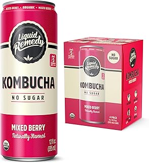 Liquid Remedy Kombucha Sugar Free Organic Drink, Low Calorie, Probiotic Like Tea for Gut Health - Mixed Berry - 12 Fl Oz Can, 4-Pack