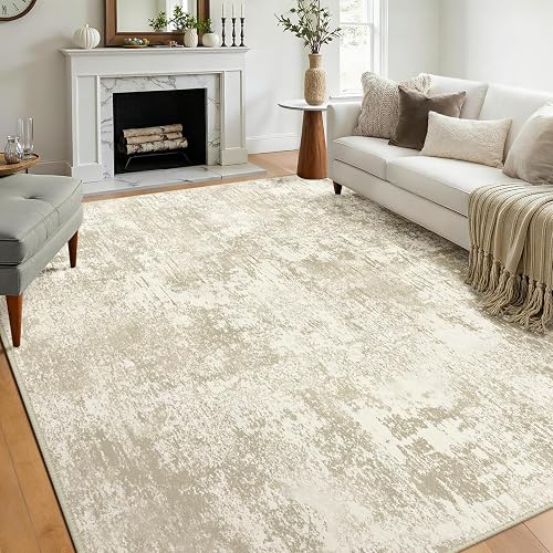 RELEANY Washable 8'x10' Abstract Area Rug for Living Room Cream Beige