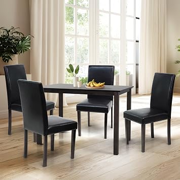 Dining Kitchen Set of 5 Classic Dining Table and 4 Side Chairs Falabella Classic Style Wood, Espresso Color with Waterproof PU Leather Fabric