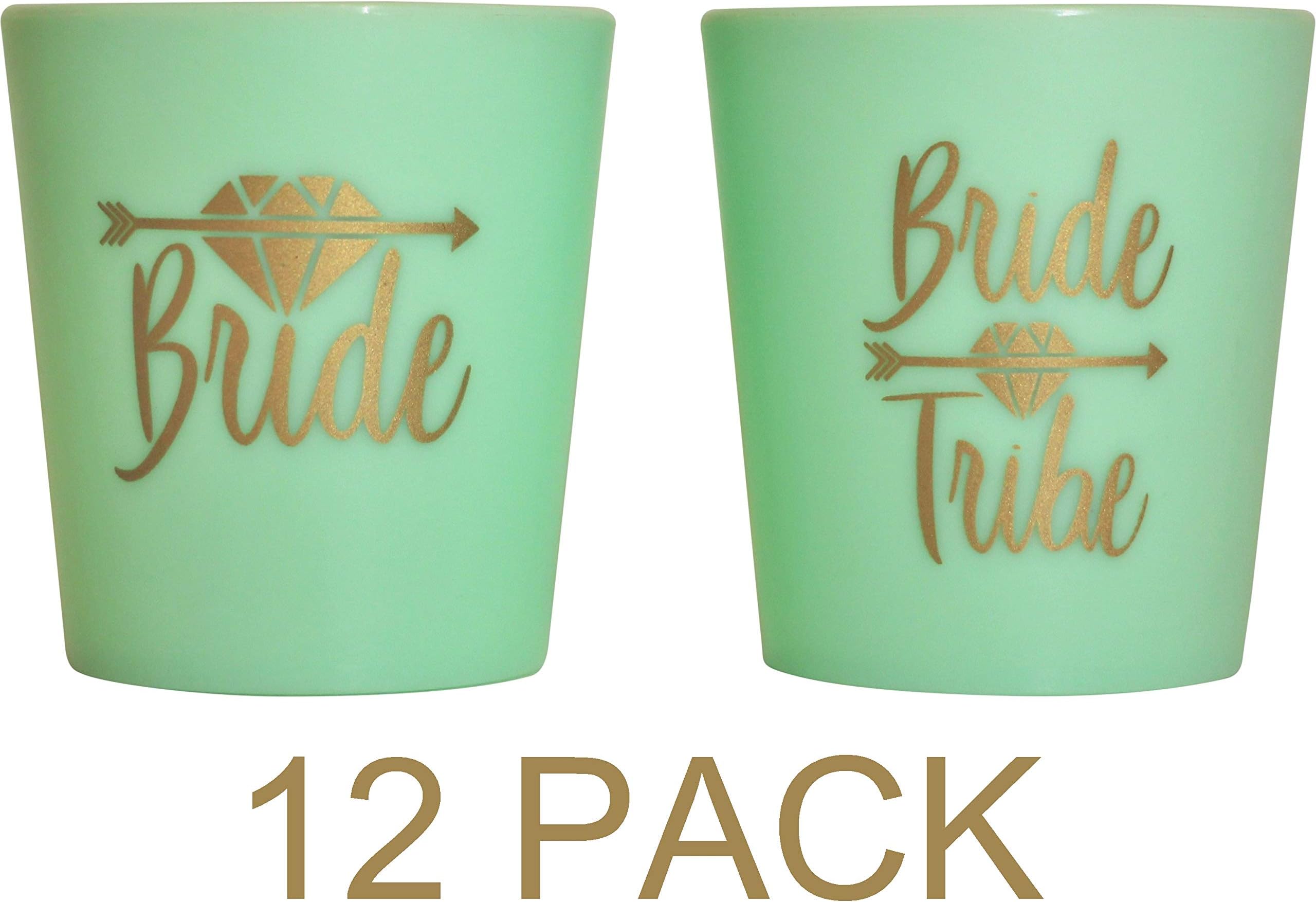 Bridal 2 oz. Shot Glasses 12 Cups Set - 1 “Bride” & 11"Bride Tribe” - Bridesmaids, Engagement, Bachelorette, Shower Party, Wedding - Props, Favors - Mint Green & Gold - High Quality Guarantee