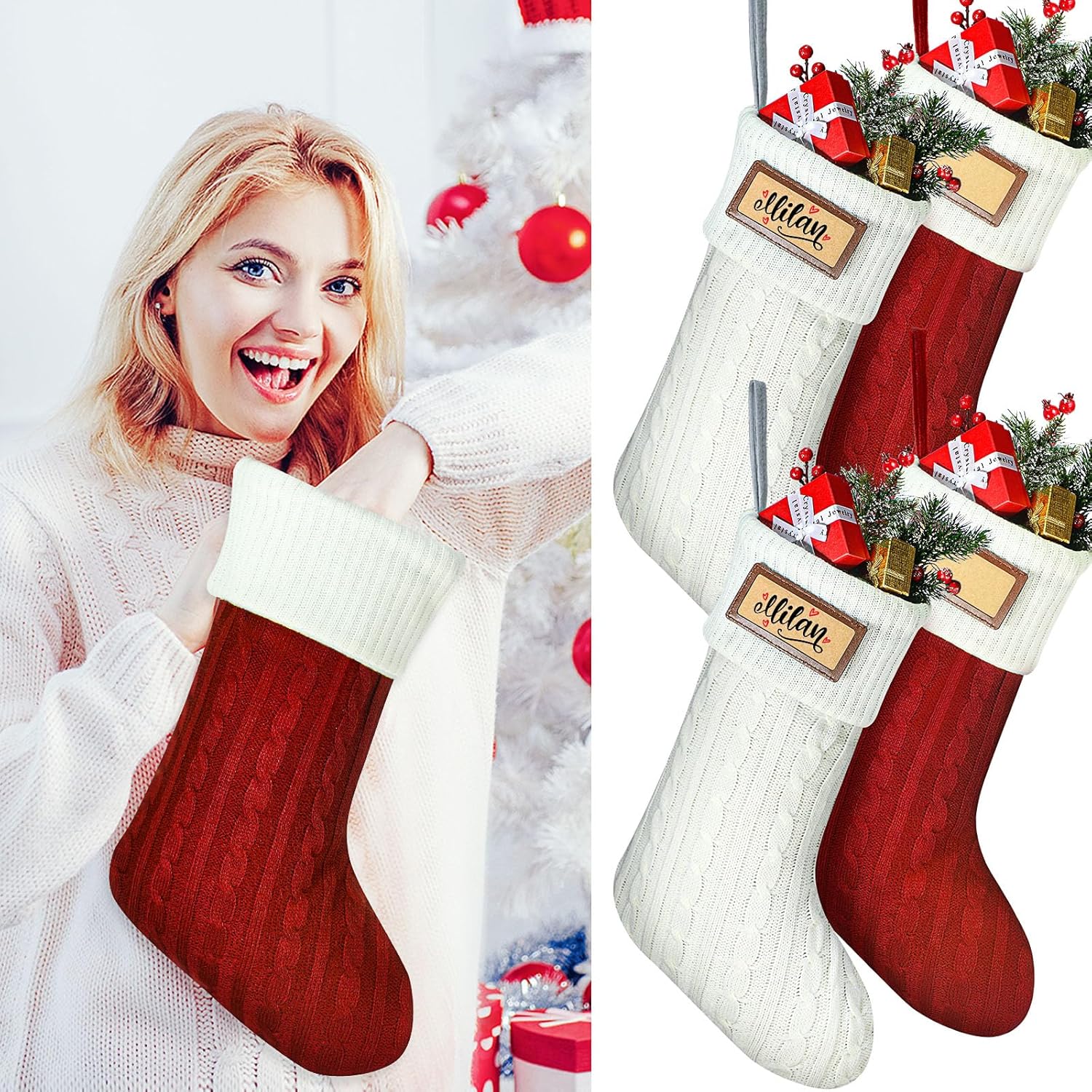 JellyArch 4 Pack Christmas Stockings with Personalized Name Tags, 18 Inches Large Knit Cable Xmas Stocking 2026 Christmas Hanging Stockings for Gift Fireplace Tree Mantel Decor(Red)