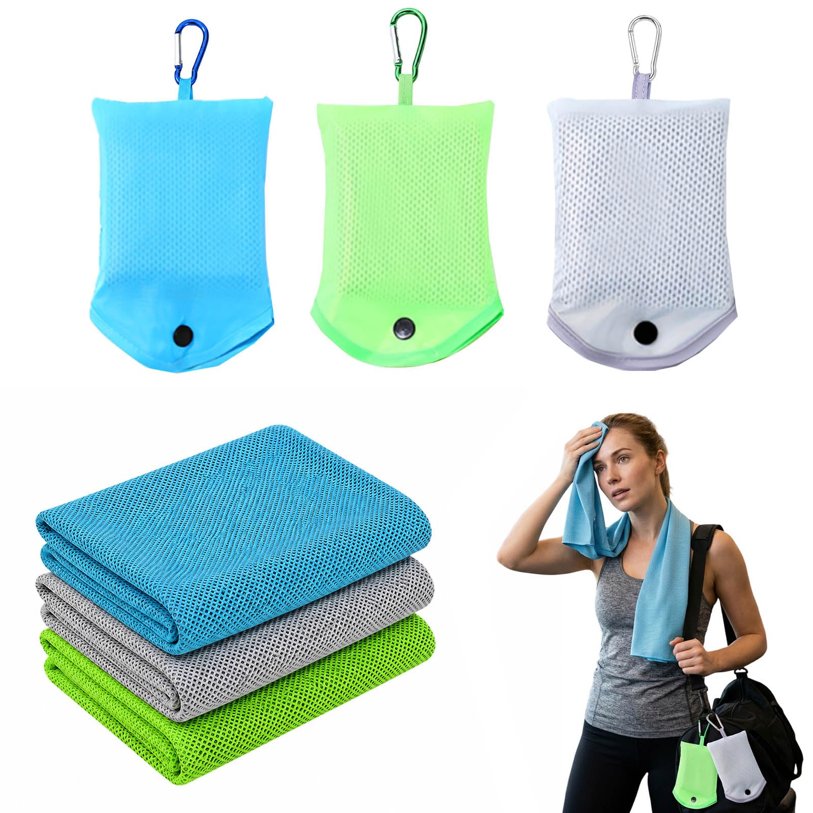 BATSEREN 3-Pack Cooling Towels for Hot Weather, 30x80cm Ice Towel Set with Carabiner Pouches, Cold Gym Towel for Workout, Running, Yoga and Sports