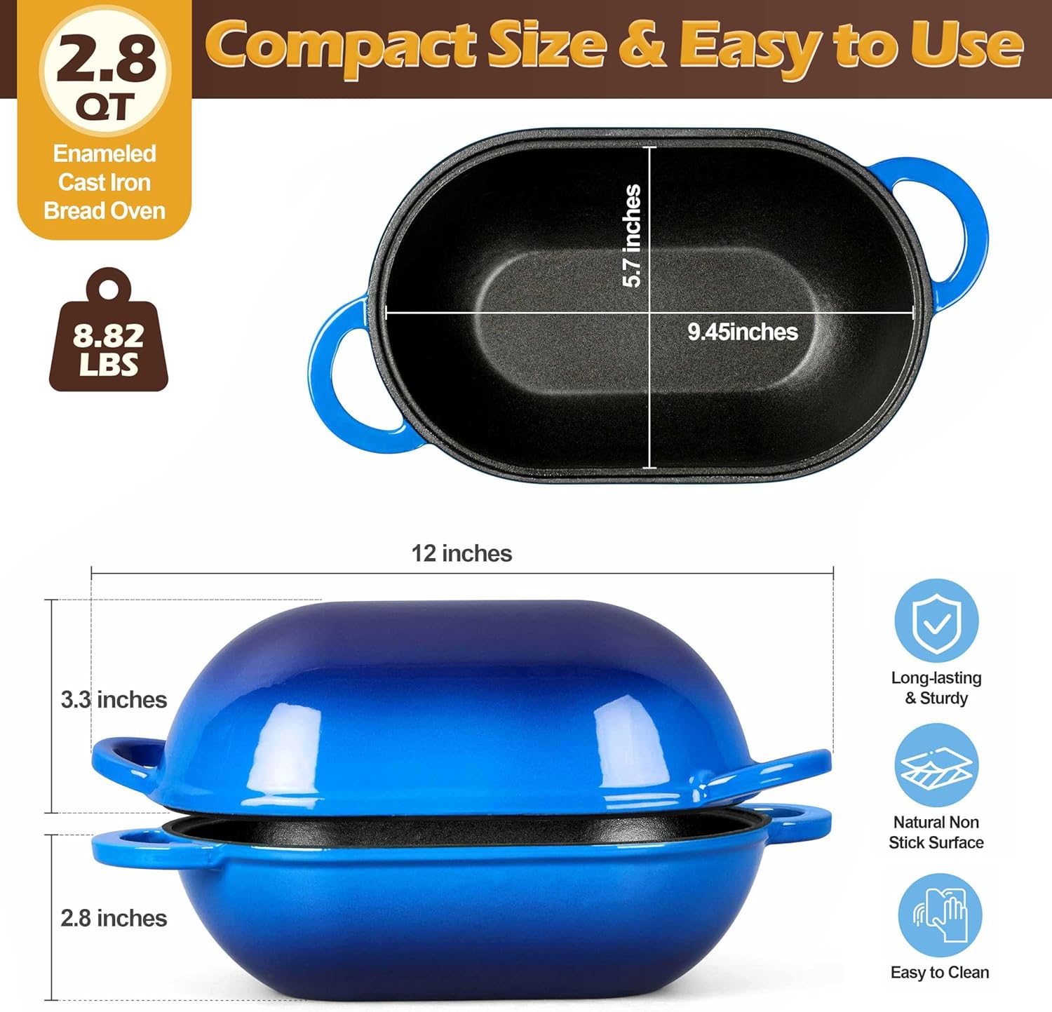 Homikit Enameled Cast Iron Dutch Oven for Bread Baking, 2.8 QT Oval Bread Oven Pot with Lid, 9.5 x 5.7 Inch Sourdough Loaf Baking Pan for Homemade Bread, Heavy Duty & Oven Safe, Blue - Image 2