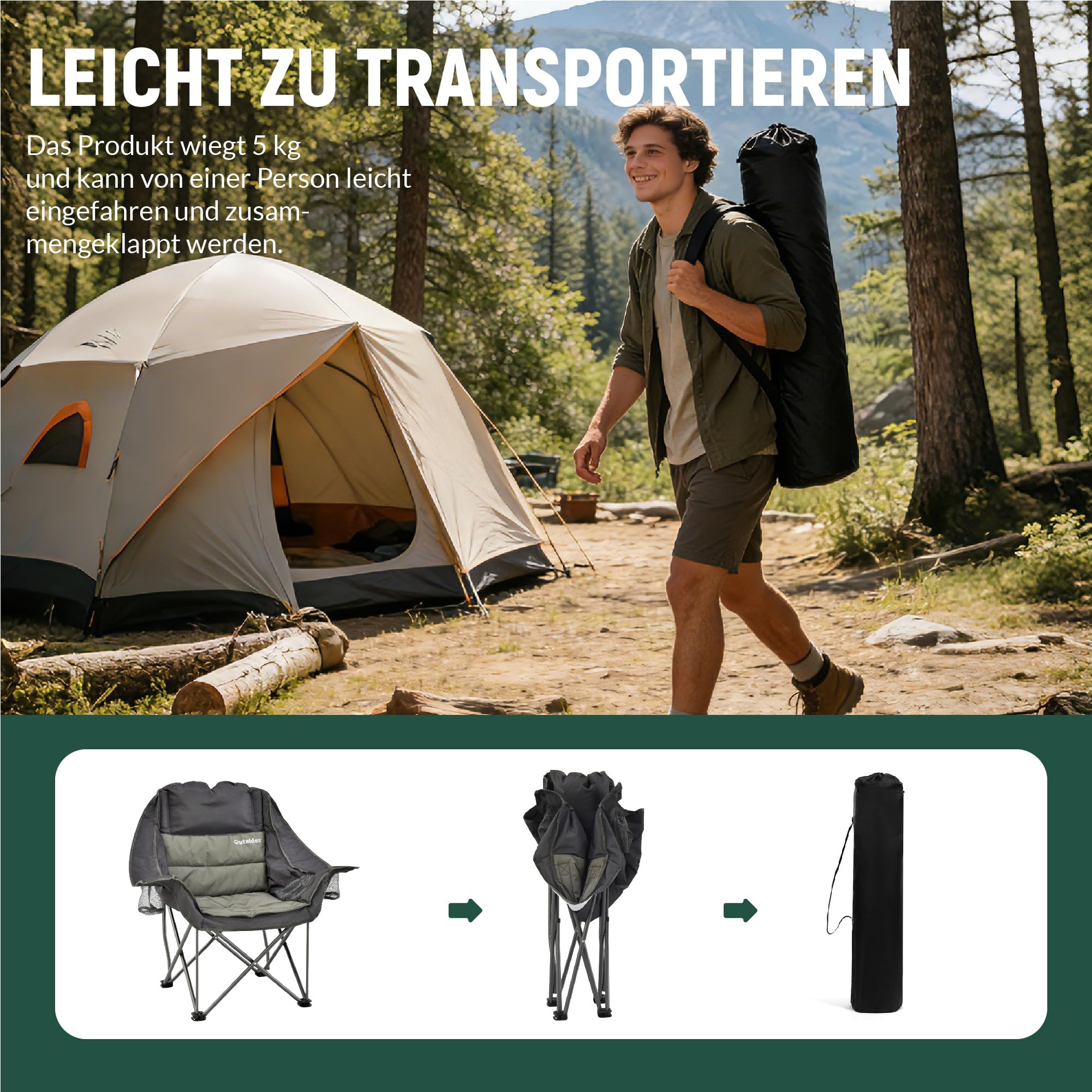 OUTSIDER Übergroßer Campingstuhl 180KG Gepolsterter Klappstuhl Campingsofa mit Getränkehalter hoher Rückenlehne für Outdoor Indoor Camping Garten
