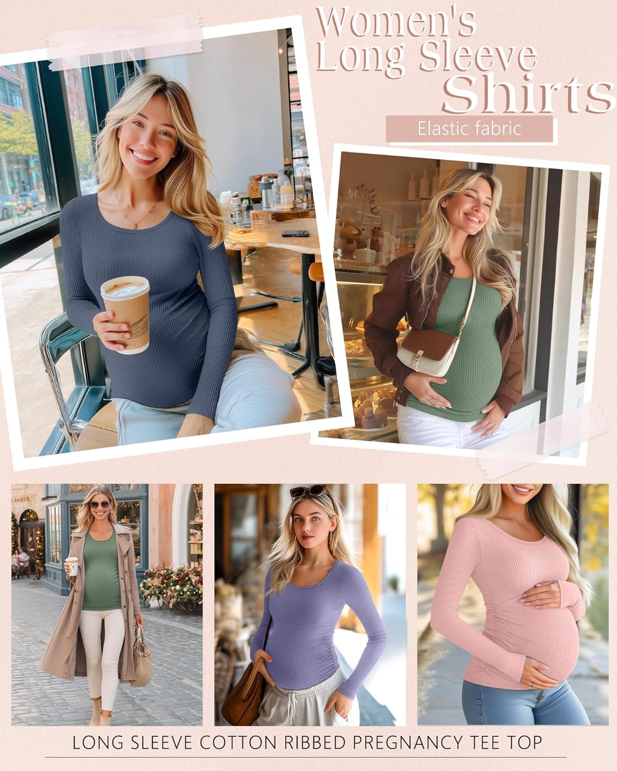 Riyiper 4 Pack Women's Maternity Shirts, Long Sleeve Cotton Ribbed Pregnancy Tee Top Crewneck Side Ruched Casual Mama Clothes - Image 2