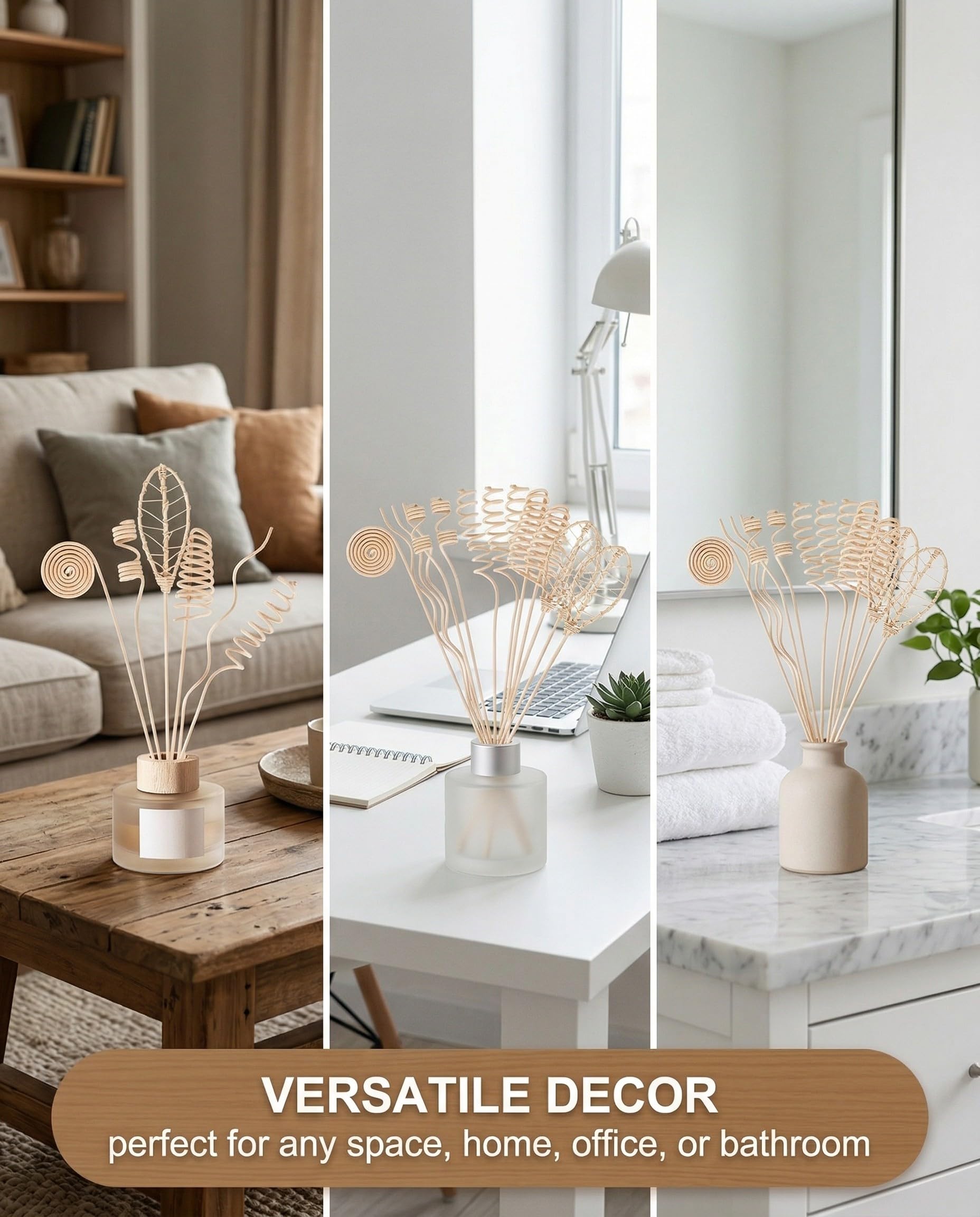 Varillas Difusoras Mikado - 18 Piezas de Ratán Natural con Varios Diseños Botánicos para Aceites Esenciales, Recambio de Ambientador Decorativo para Hogar.
