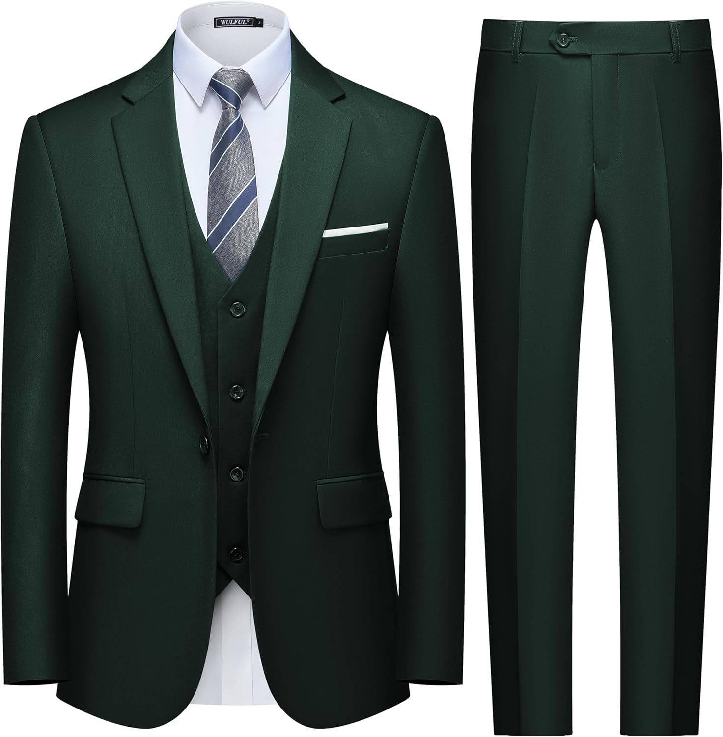 WULFUL Men's Slim Fit 3 Piece Suit, One Button Solid Blazer Business Party Jacket Vest Pants Set