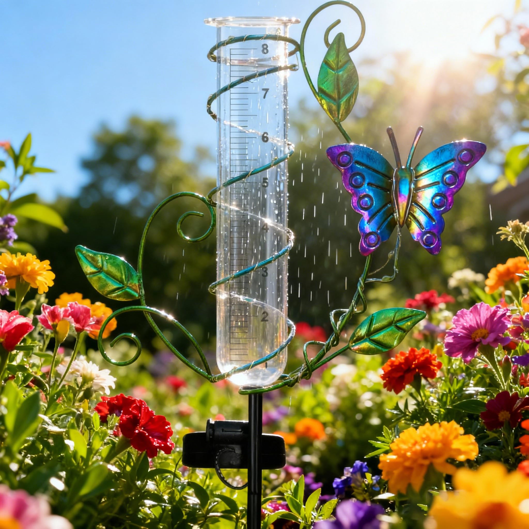 Schmetterlings-Regenmesser für den Außenbereich – kabelloser Solar-Regenmesser mit 20,3 cm Kapazität, Glas-Ersatzrohr, bestbewertet, Metall, dekorative Gartenstecker mit LED-Lichtern für Hof