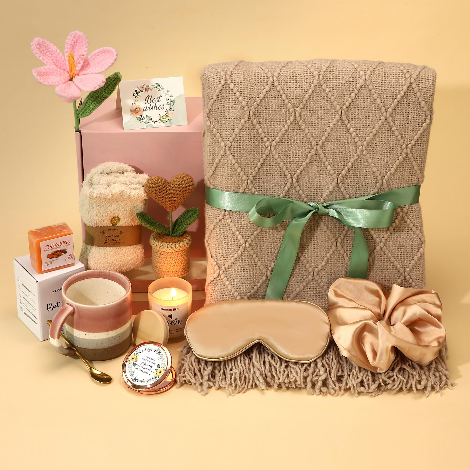 Christmas & Birthday Gifts for Women, Self Care Gift Basket Get Well Soon Care Package - Luxury Spa Set with Knitted Blanket, Fuzzy Socks, Mug, Candle, Scrunchie for Her, Mom, Best Friend-image-9