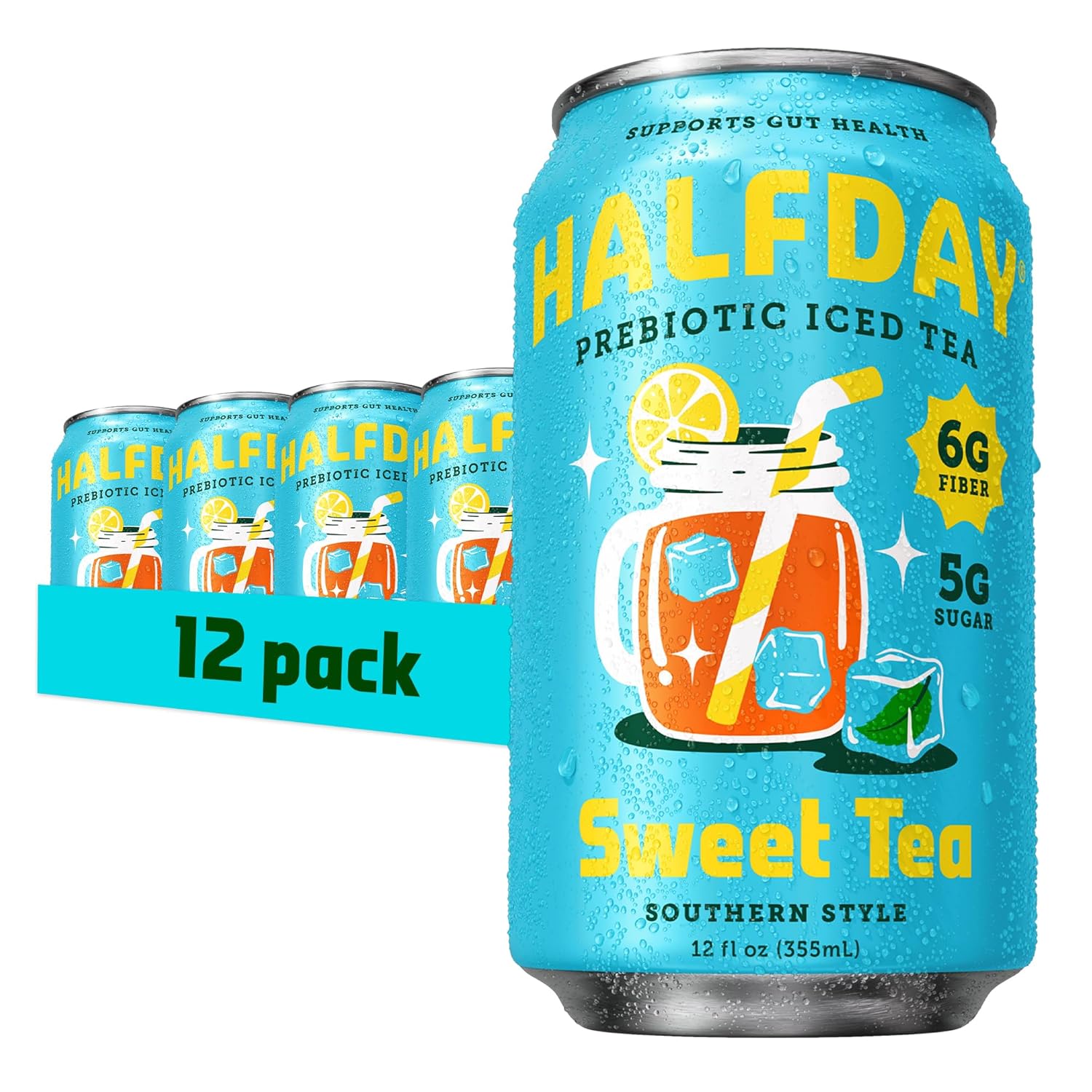 HALFDAY Prebiotic Sweet Tea Iced Tea Cans, Supports Digestive & Gut Health, 6g Plant Fiber & Prebiotics, 5g of Sugar, 35 Calories, Organic Tea, Natural Caffeine, Gluten Free, Keto, 12 fl oz (12 pack)