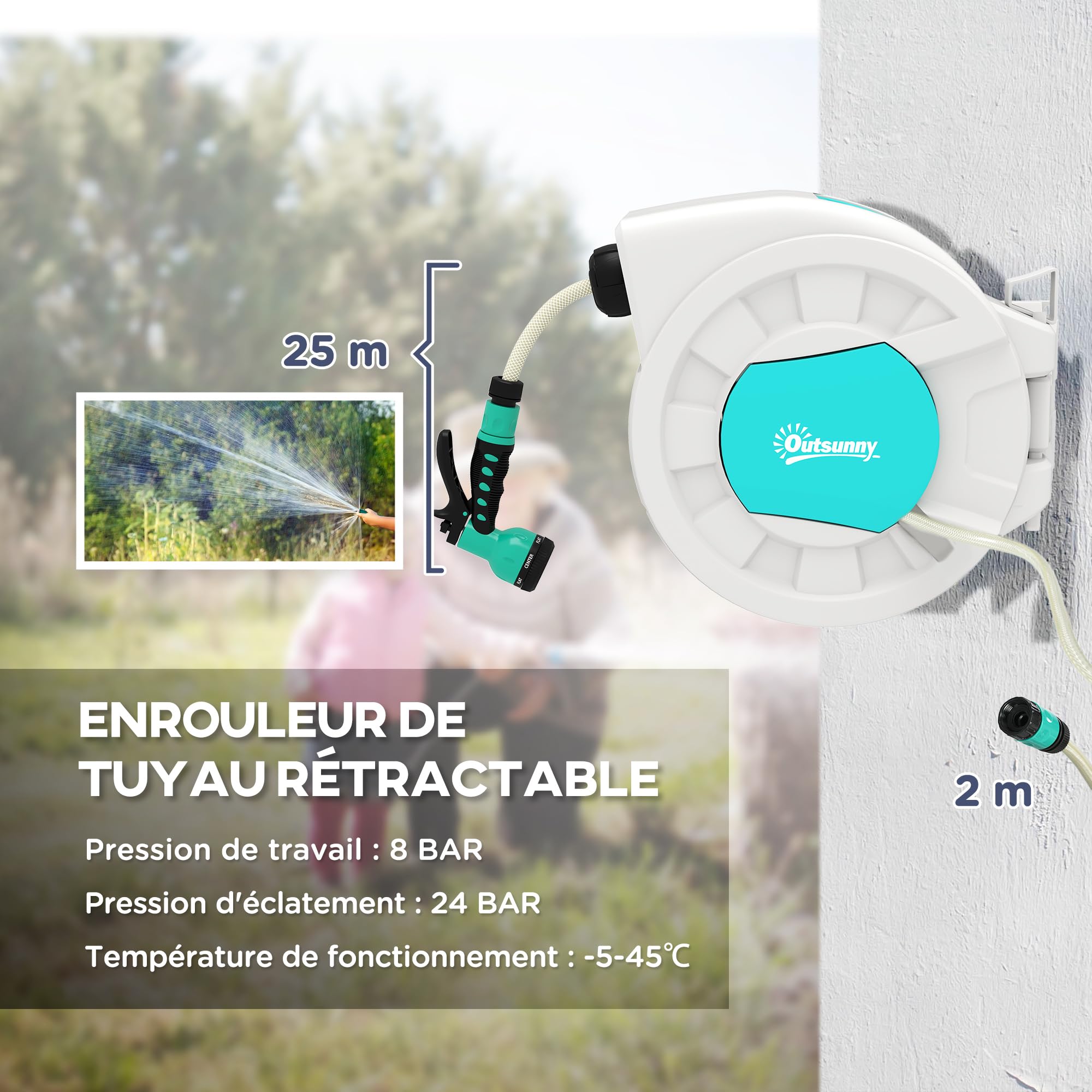 Outsunny Enrouleur tuyau arrosage, dévidoir de tuyaux d'eau, 25+2 m, avec support mural + poignée, pivotant à 180°, 7 options de jets d'arrosage, gris clair