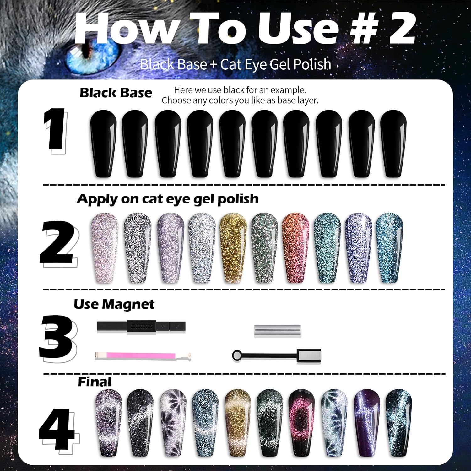 Clara Colors Cat Eye Gel Nail Polish Set, 20 Colors Holographic Galaxy Series Magnetic Nail Polish with Magnets Base Top Coat Gel Cat Eye Nail Polish for Professional Nail Salon or DIY at Home