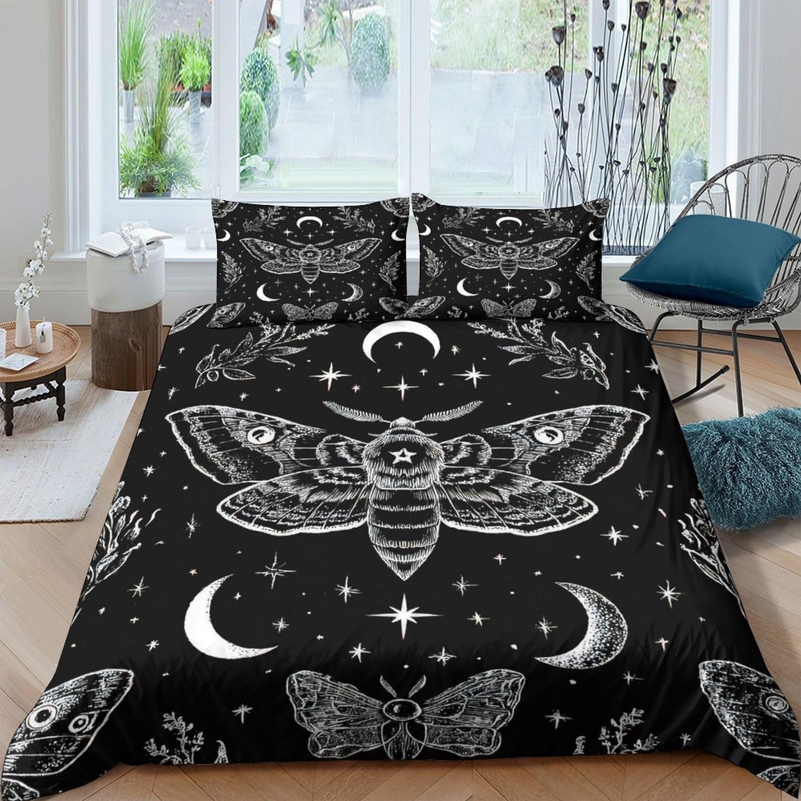 TUFRTGYHN 3D Printed Gothic Moth Moon Duvet Cover Microfiber Soft Breathable Star Bedding Set with 2 Pillowcases for Bedroom Decor Single（135x200cm）