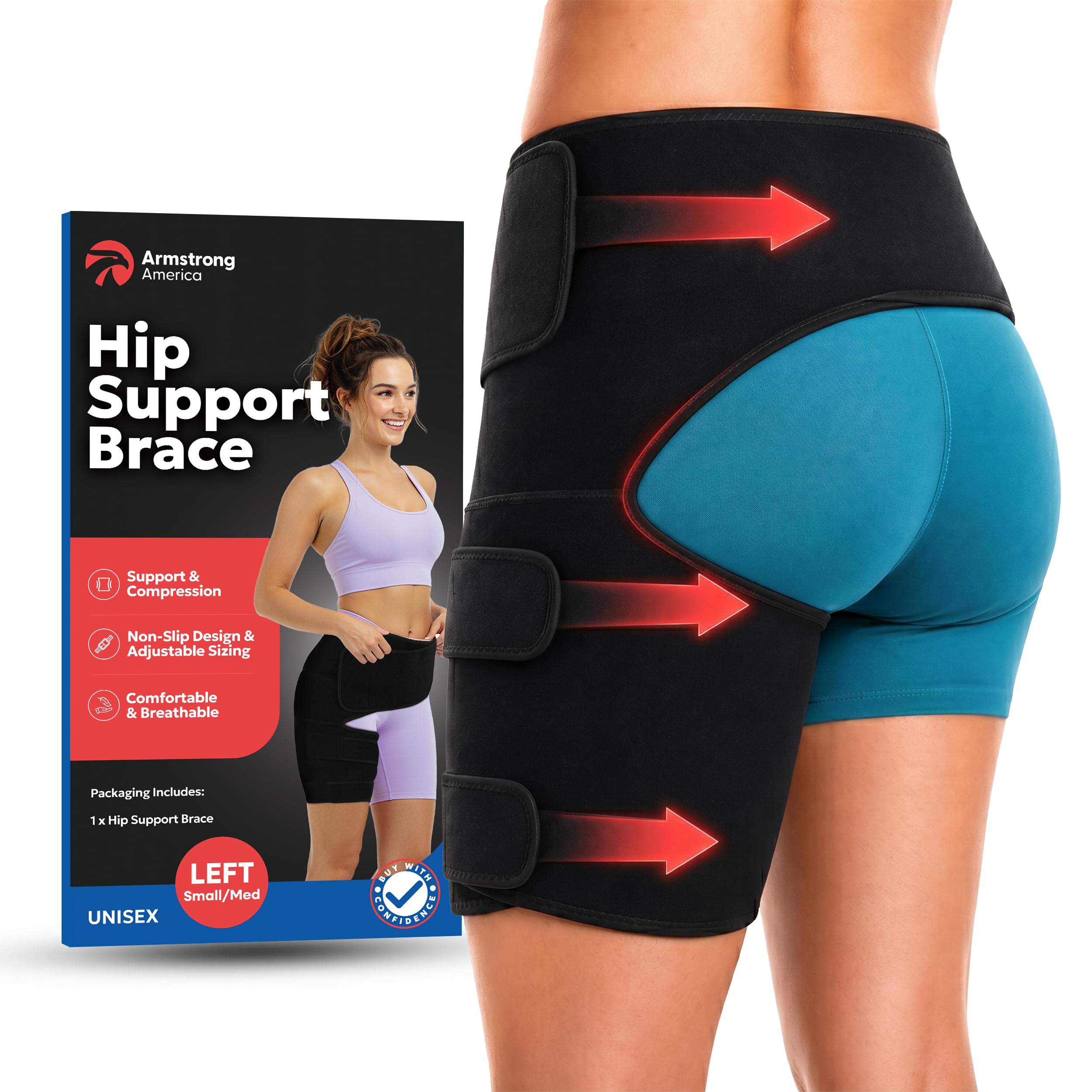 ARMSTRONG AMERICA Hip Brace For Women &amp; Men - Groin Strain Compression Wrap for Hamstring, Hip Flexor, Sciatcica Pain Relief - Hamstring &amp; Hip Support Thigh Compression Sleeve - SMALL/LEFT LEG