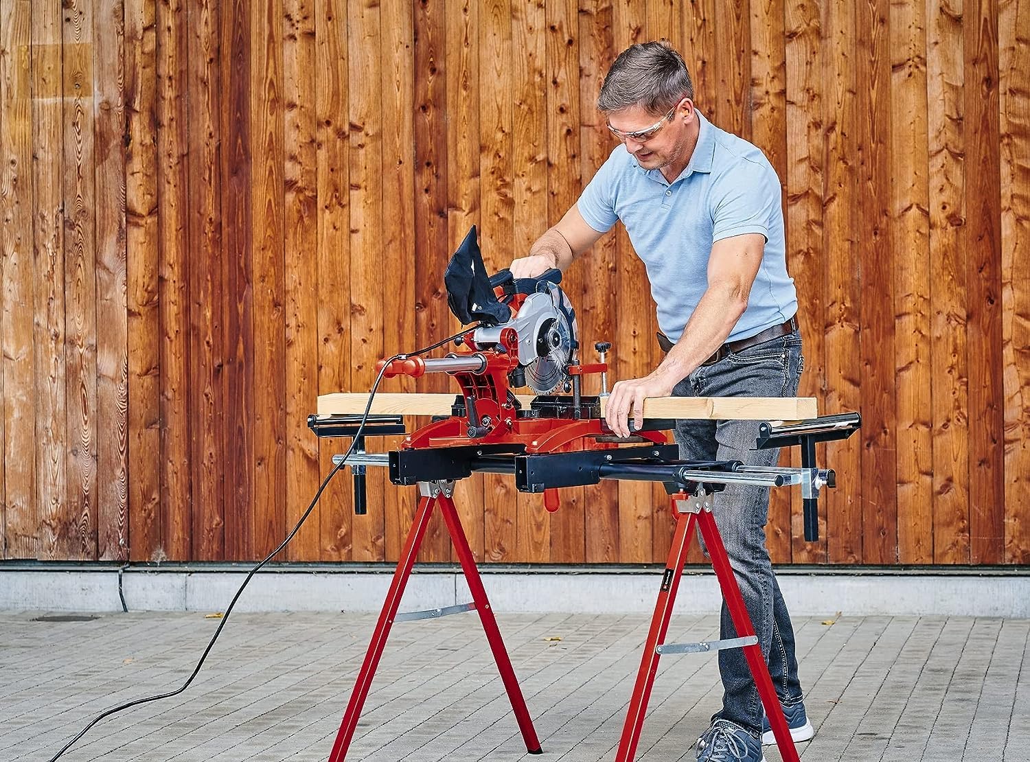 Einhell Piètement stationnaire MSS 1608 (piètement pour scies à onglet, réglable en hauteur, supports extensibles avec roulettes, repliable pour un faible encombrement)