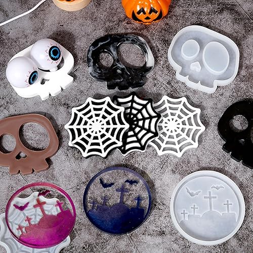 Miniatura 2 de Molde de resina para posavasos de Halloween, 6 moldes de silicona para resina epoxi, molde de telaraña de calavera para cementerio para fundición